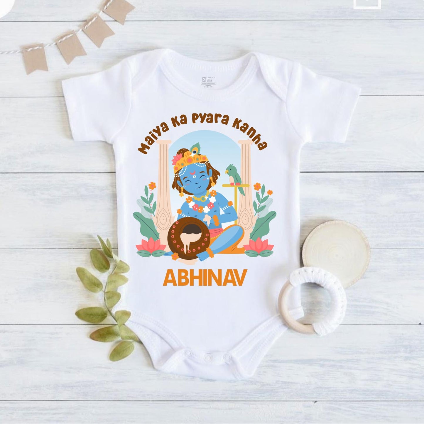 Maiya ka pyara kanha with customised name_ White Onesie