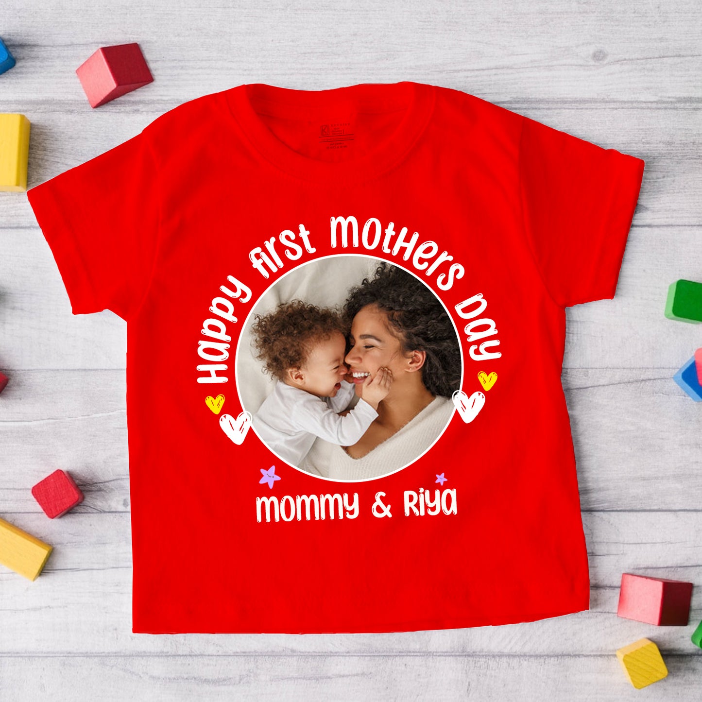 Happy First Mothers Day with baby name _ red t-shirt