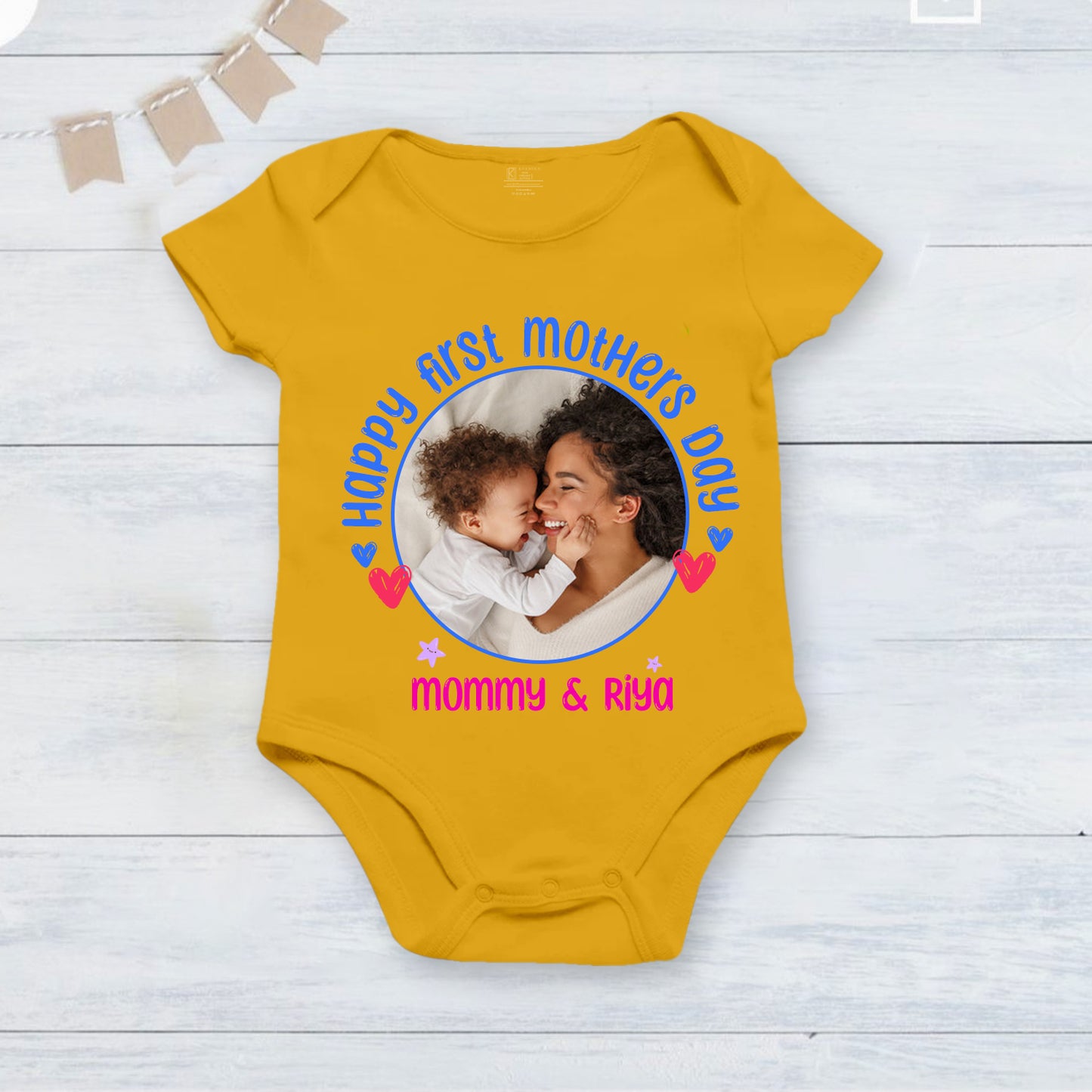 Happy First Mothers Day with baby picture and name _yellow onesie