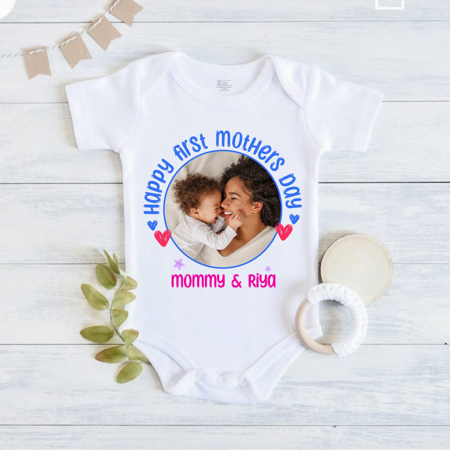 Happy First Mothers Day with baby picture and name _white onesie