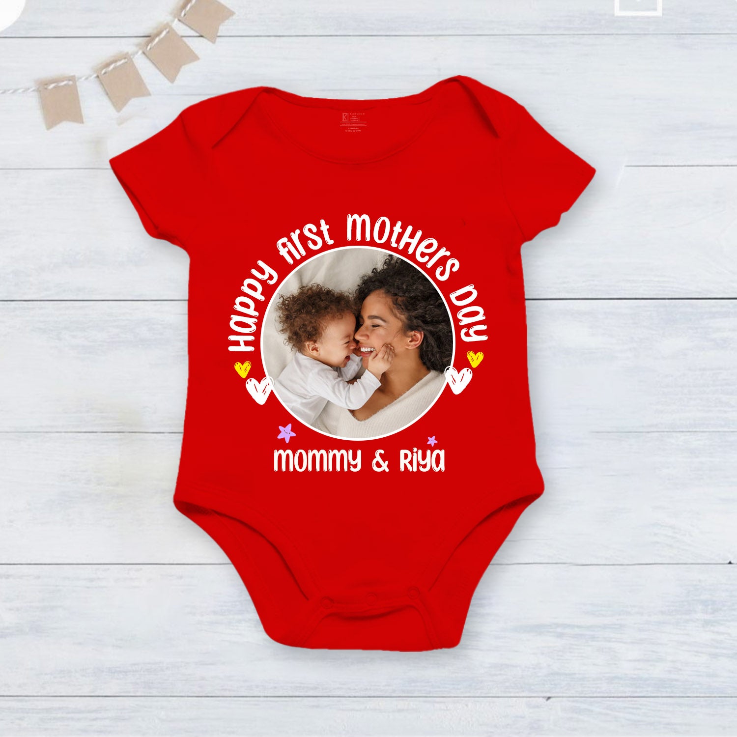 Happy First Mothers Day with baby picture and name _red onesie