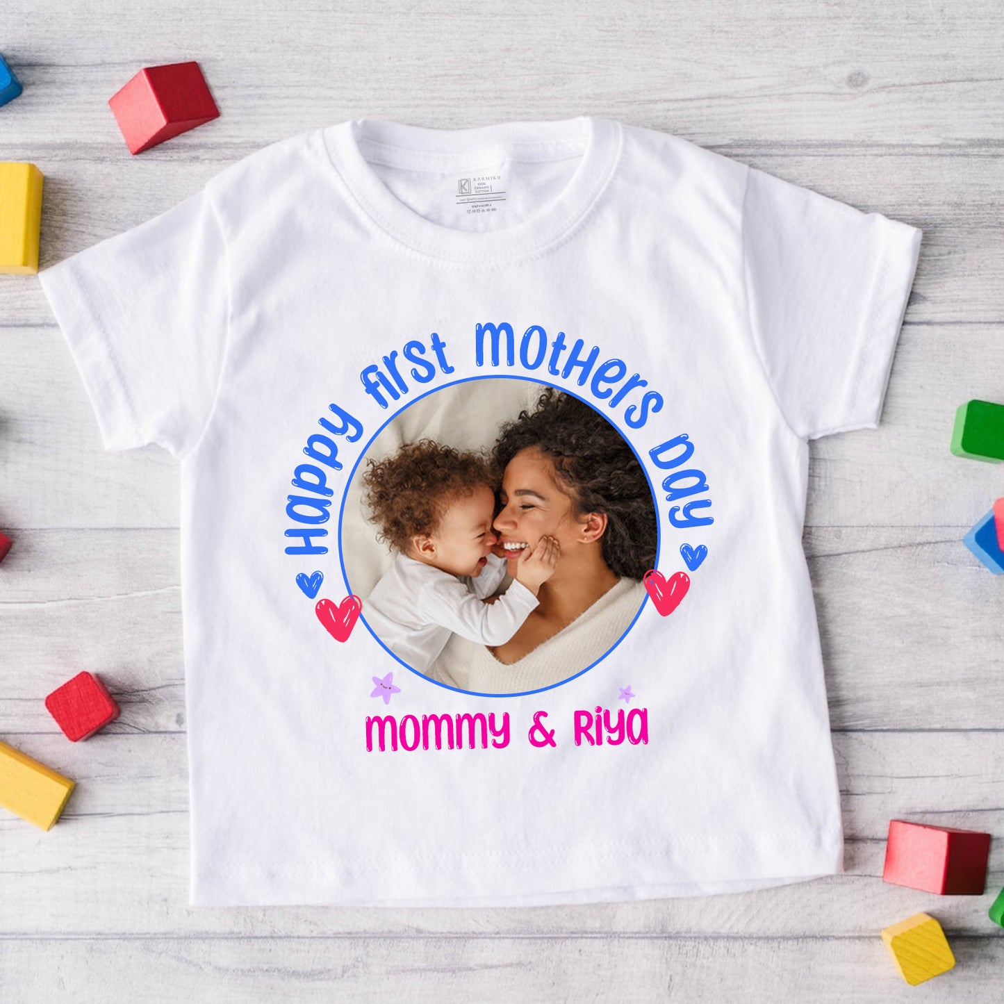 Happy First Mothers Day with baby name _white t-shirt