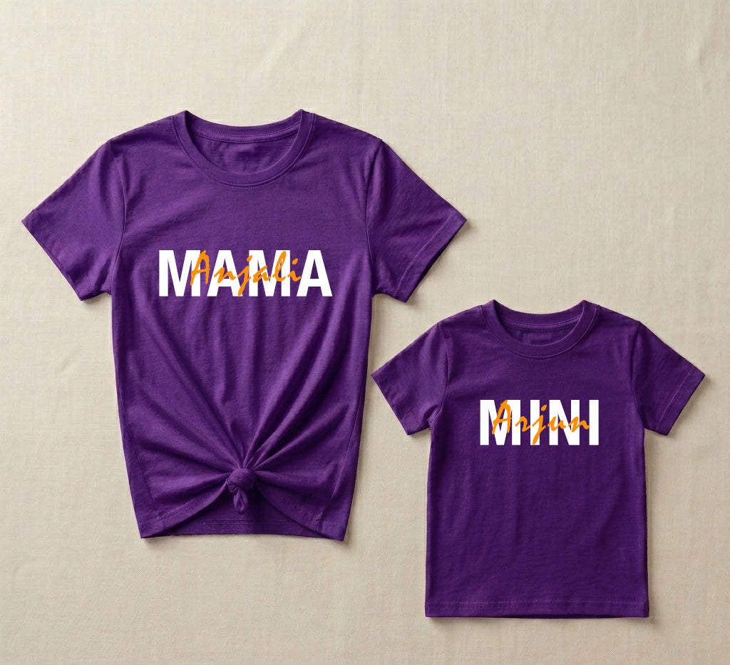 Mama & Mini With Customized Baby & Mom Name Purple T-shirt Combo