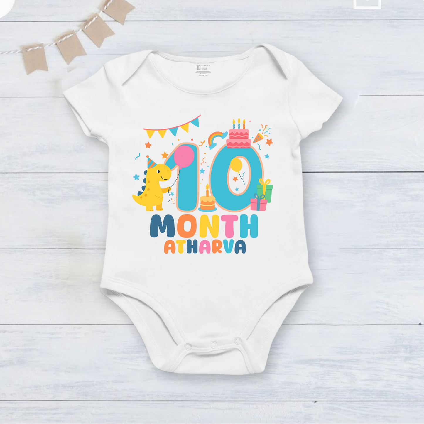 Infant monthly birthday Dinosaur 12 Months of Love_ Customized name White Onesie