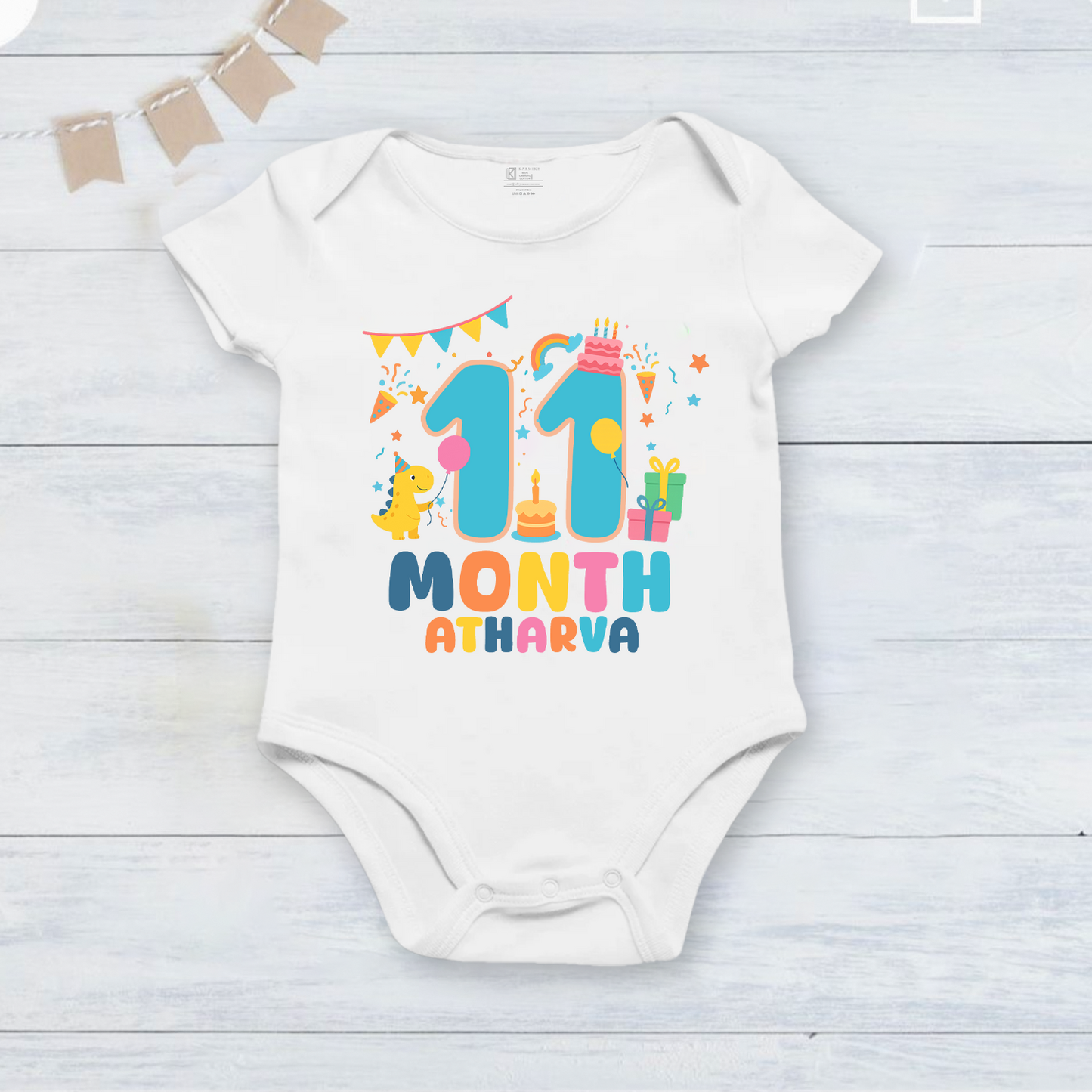 Infant monthly birthday Dinosaur 12 Months of Love_ Customized name White Onesie