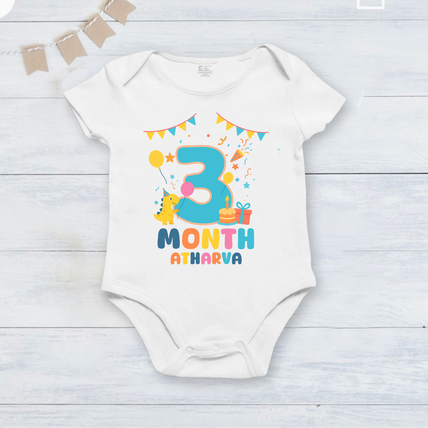 Infant monthly birthday Dinosaur 12 Months of Love_ Customized name White Onesie