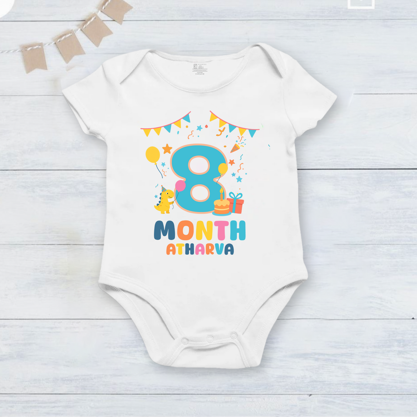 Infant monthly birthday Dinosaur 12 Months of Love_ Customized name White Onesie