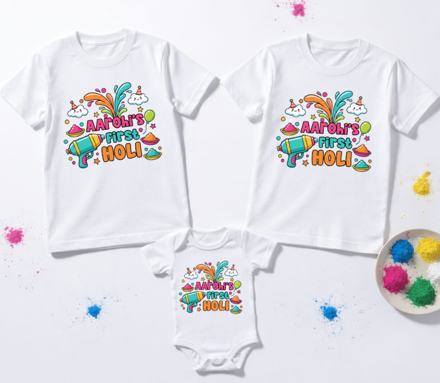 Matching My First Holi Family T-Shirts | Personalized Baby Name Cotton Set