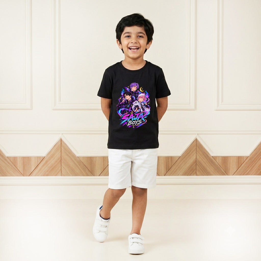 Saja Boys Idol Trio Inspired Printed Kid's Black T-Shirt