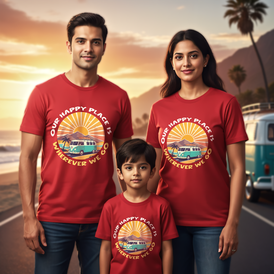 Our Happy Place Wherever We Go Traveling  _ Total Family Twining Red T-shirt