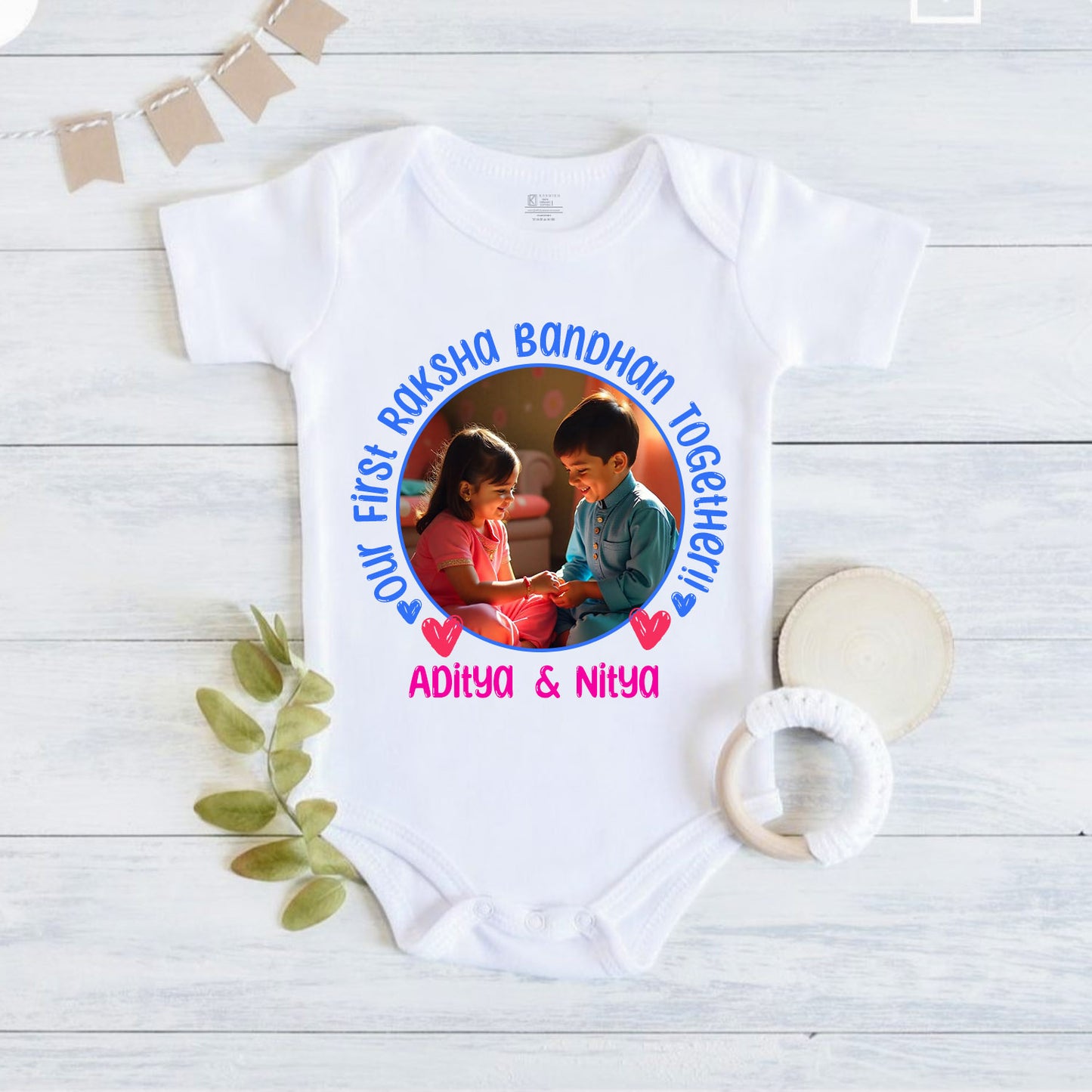 Our First Raksha Bandhan together!! White customised romper with photo and name