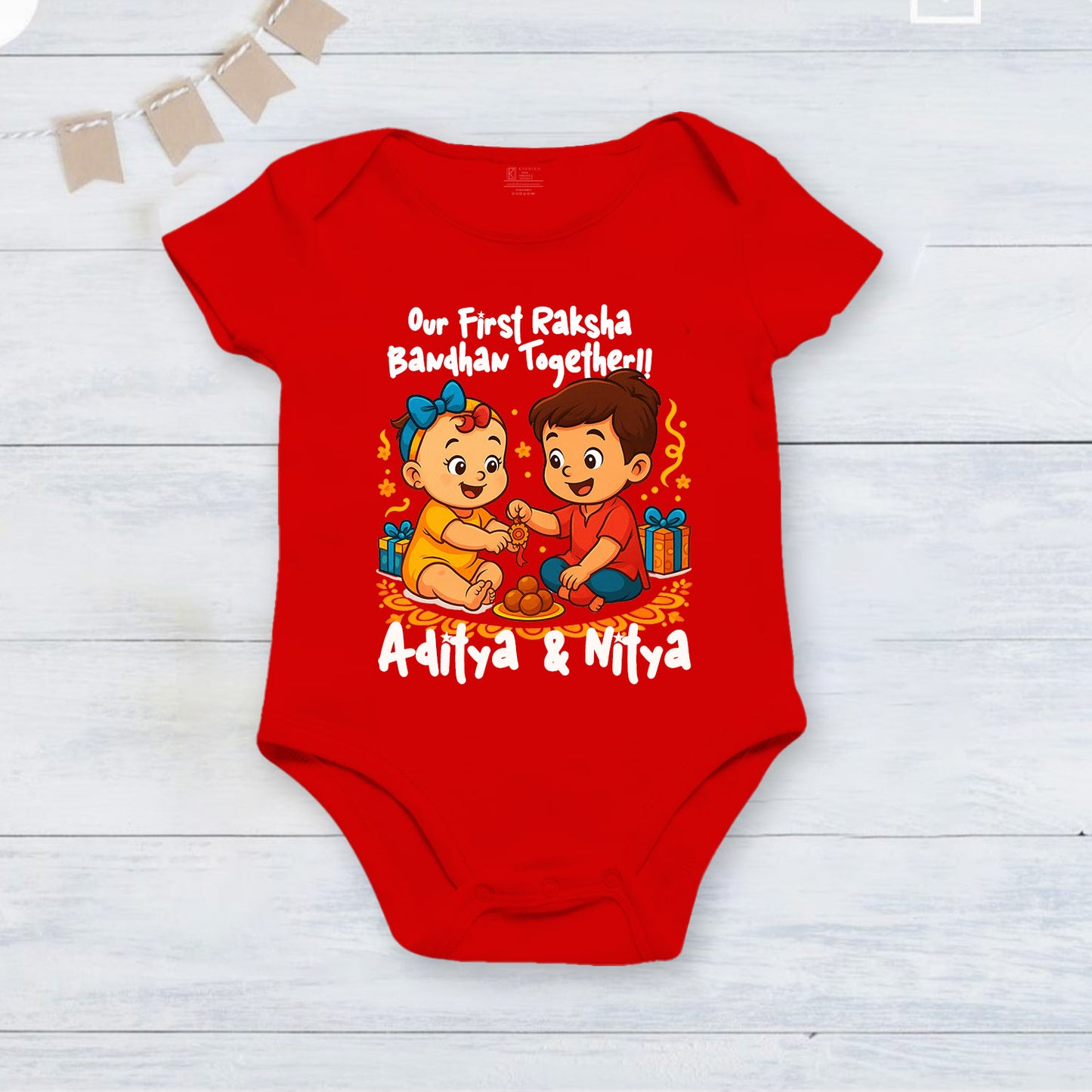 Our First Raksha Bandhan Together with customised baby name_ red romper