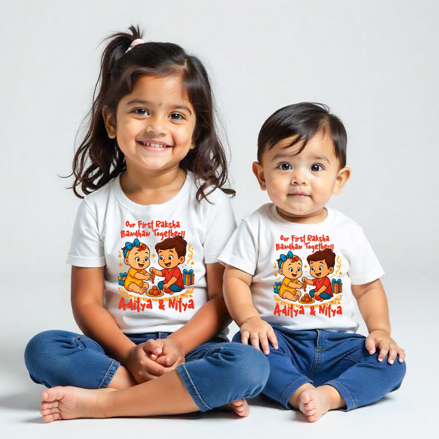 Combo pack of Our First Raksha Bandhan with Customised name _ White Tees
