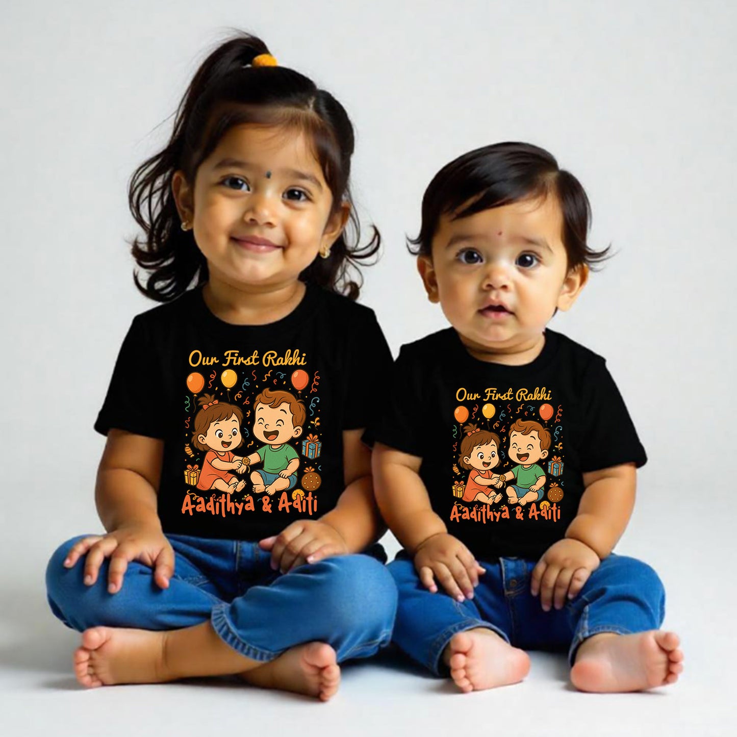 Combo pack of Our First Raksha Bandhan with Customised name _ Black Tees