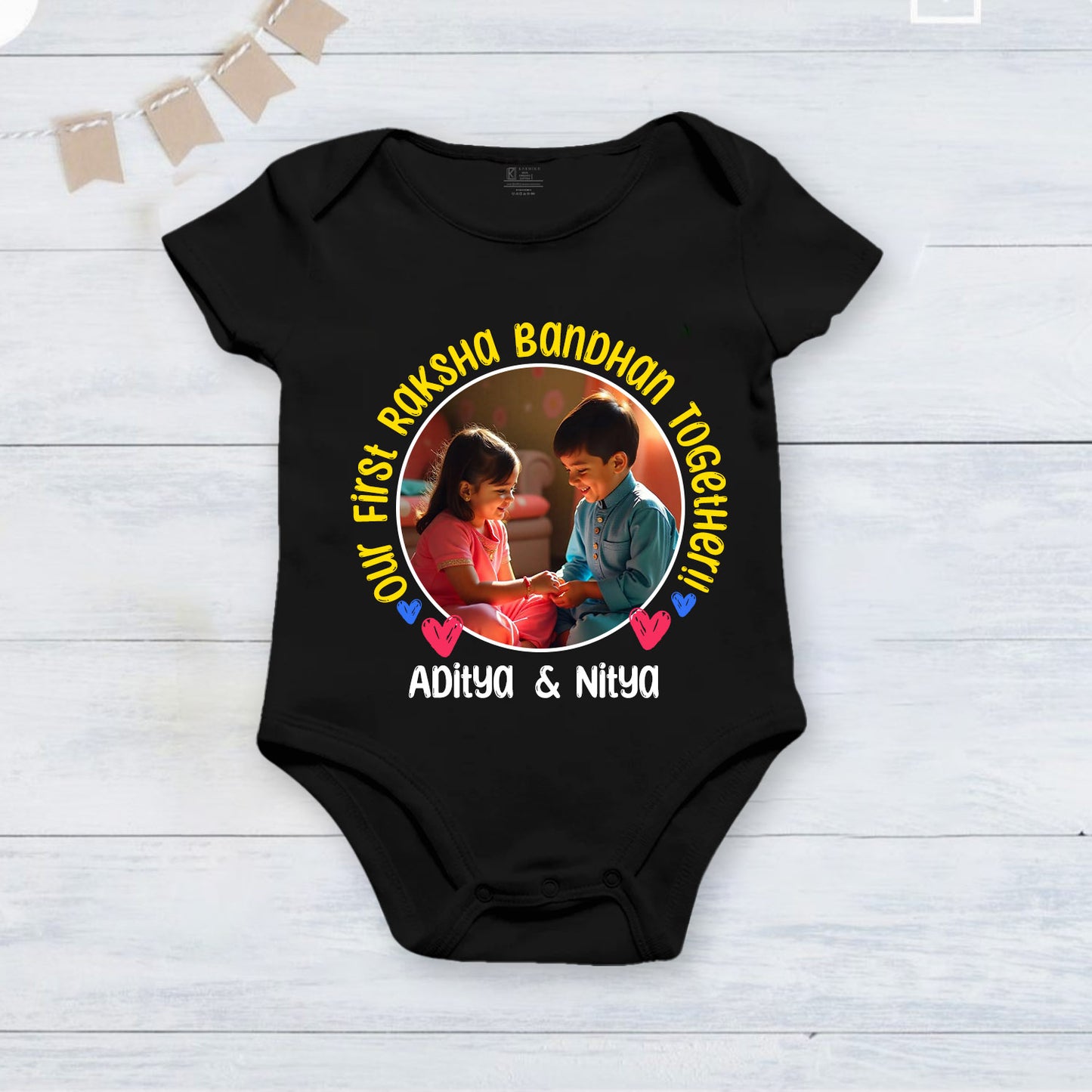 Our First RakshaBandhan together!! Black customised romper with photo and name