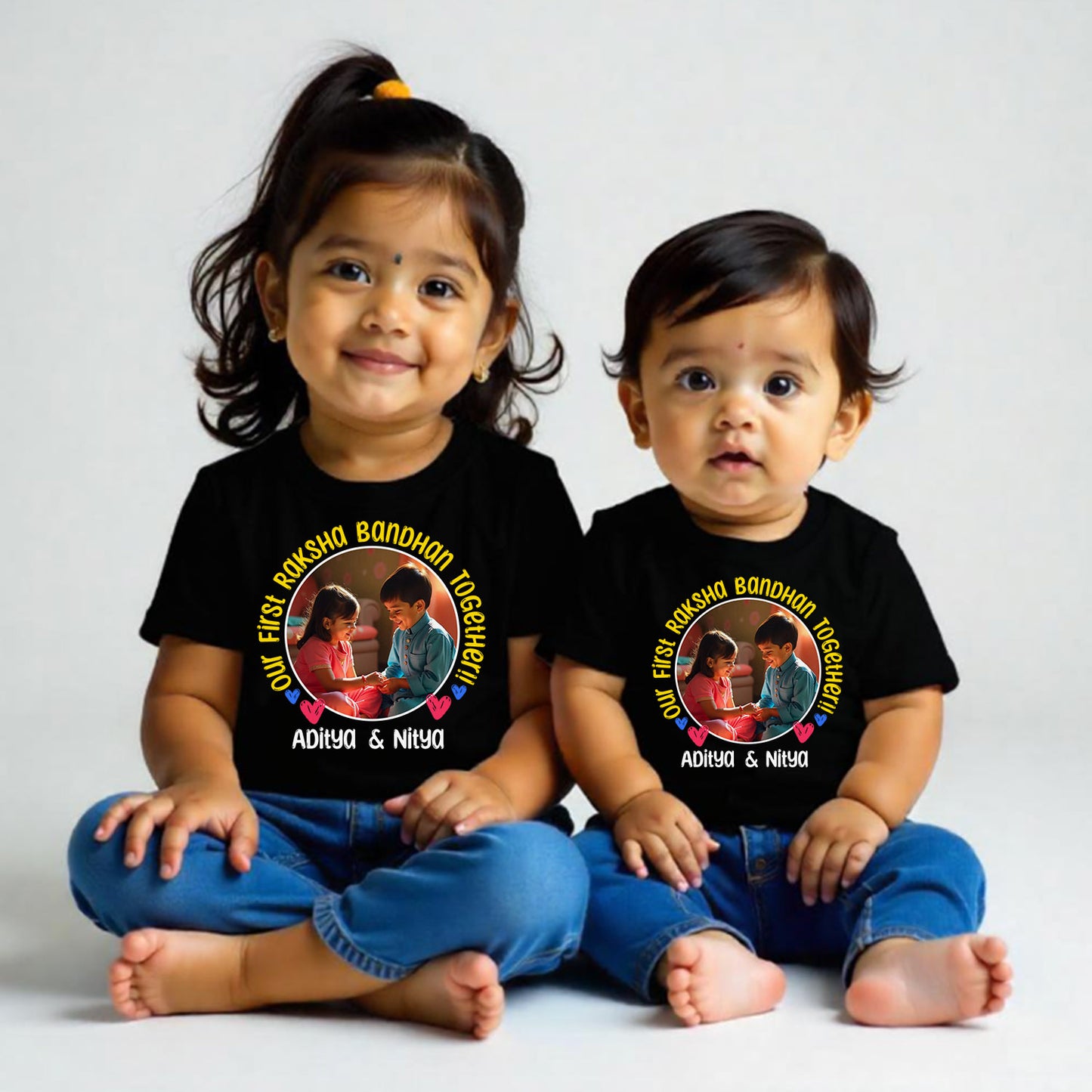 Combo pack of Our First Raksha Bandhan with Customised name and picture_ Black Tees
