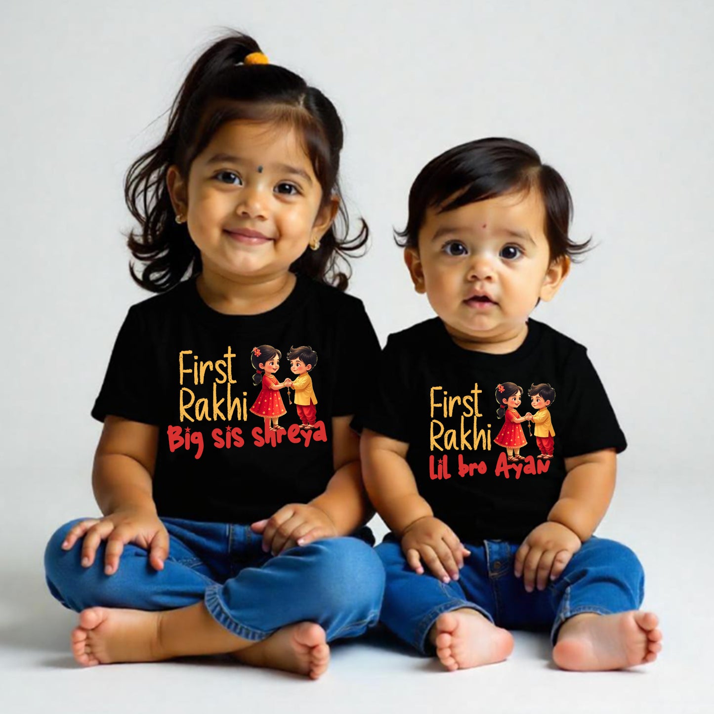 Combo pack of Our First Rakhi Big Sis, Little bro with Customised name _ Black Tees