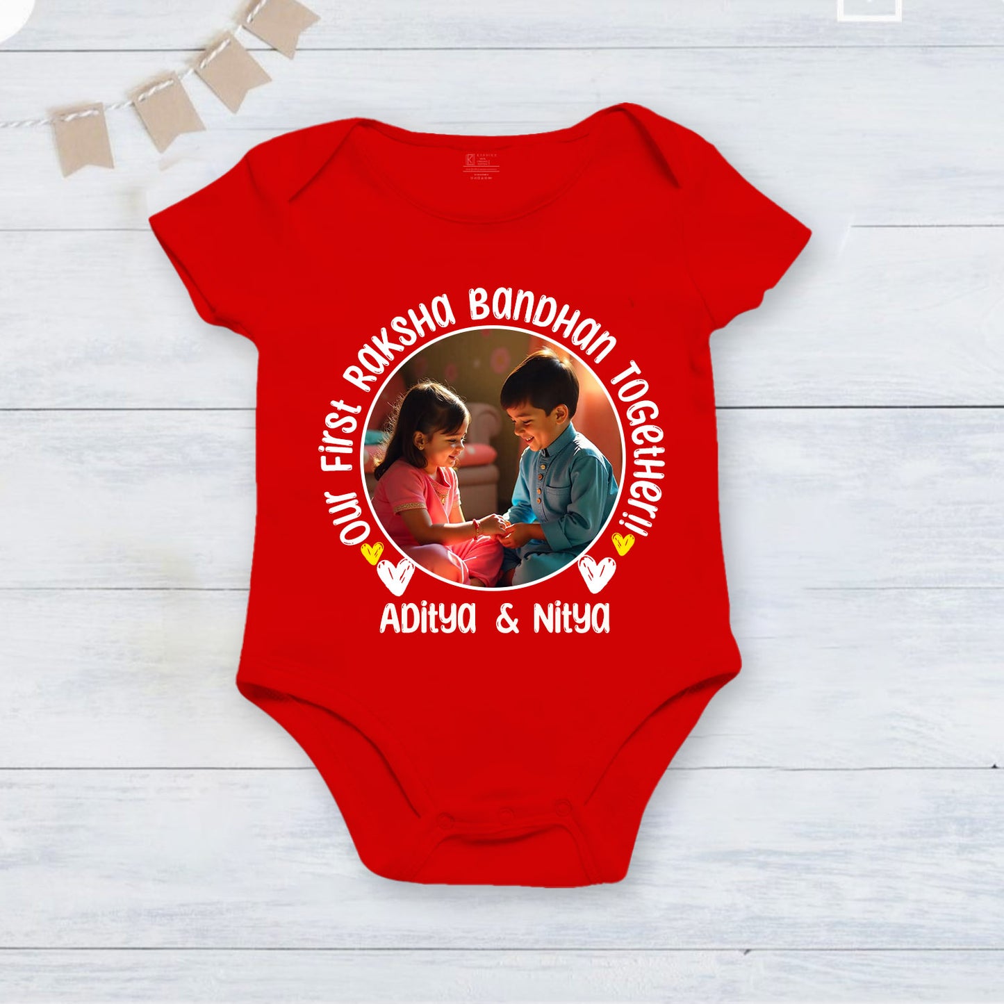 Our First RakshaBandhan together!! Red customised romper with photo and name