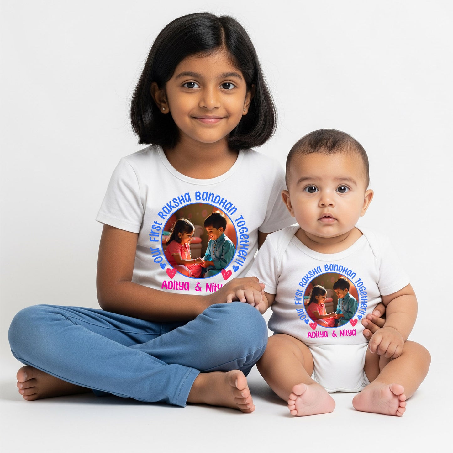 Combo pack of Our First Raksha Bandhan with Customised name and picture_ White Tees and Onesie