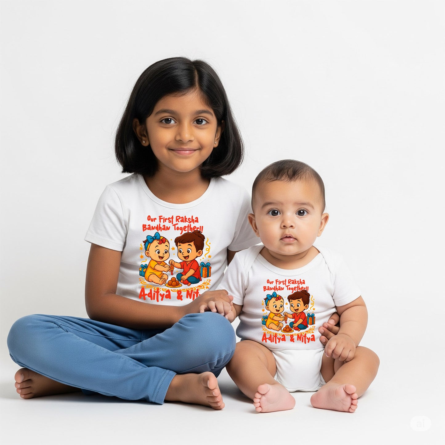 Combo pack of 2 Our First Raksha Bandhan with Customised name _ White Tees & Onesie