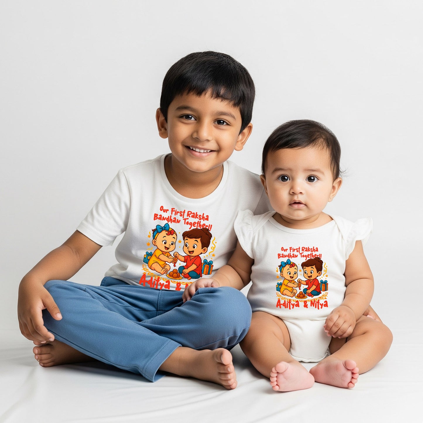 Combo pack of Our First Raksha Bandhan with Customised name _ White Tees & Onesie