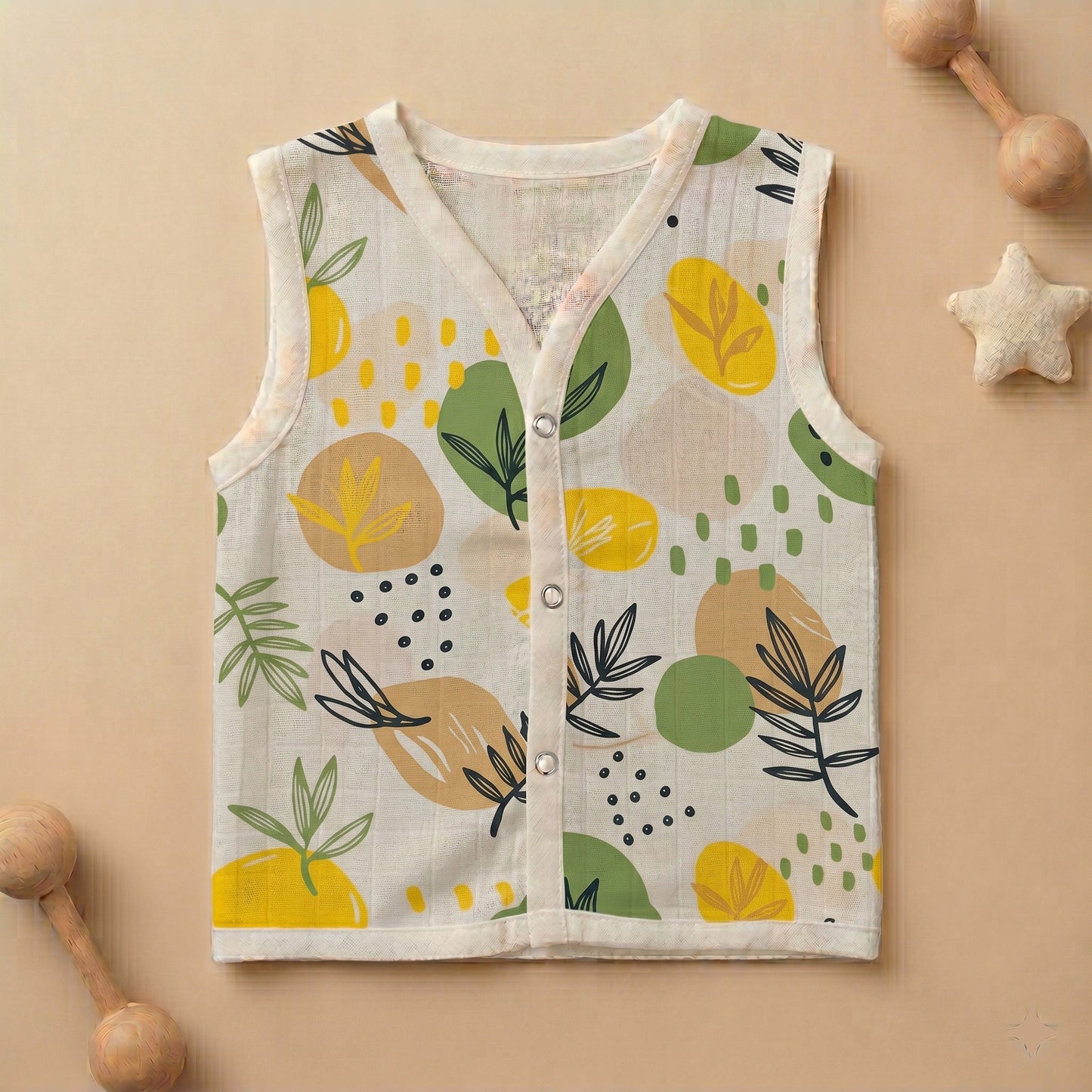 New Born & Baby Clothing | Sleeveless Muslin Baby Dress (0-3 Months) Potatoes & Lime Cute Print | Soft Cotton