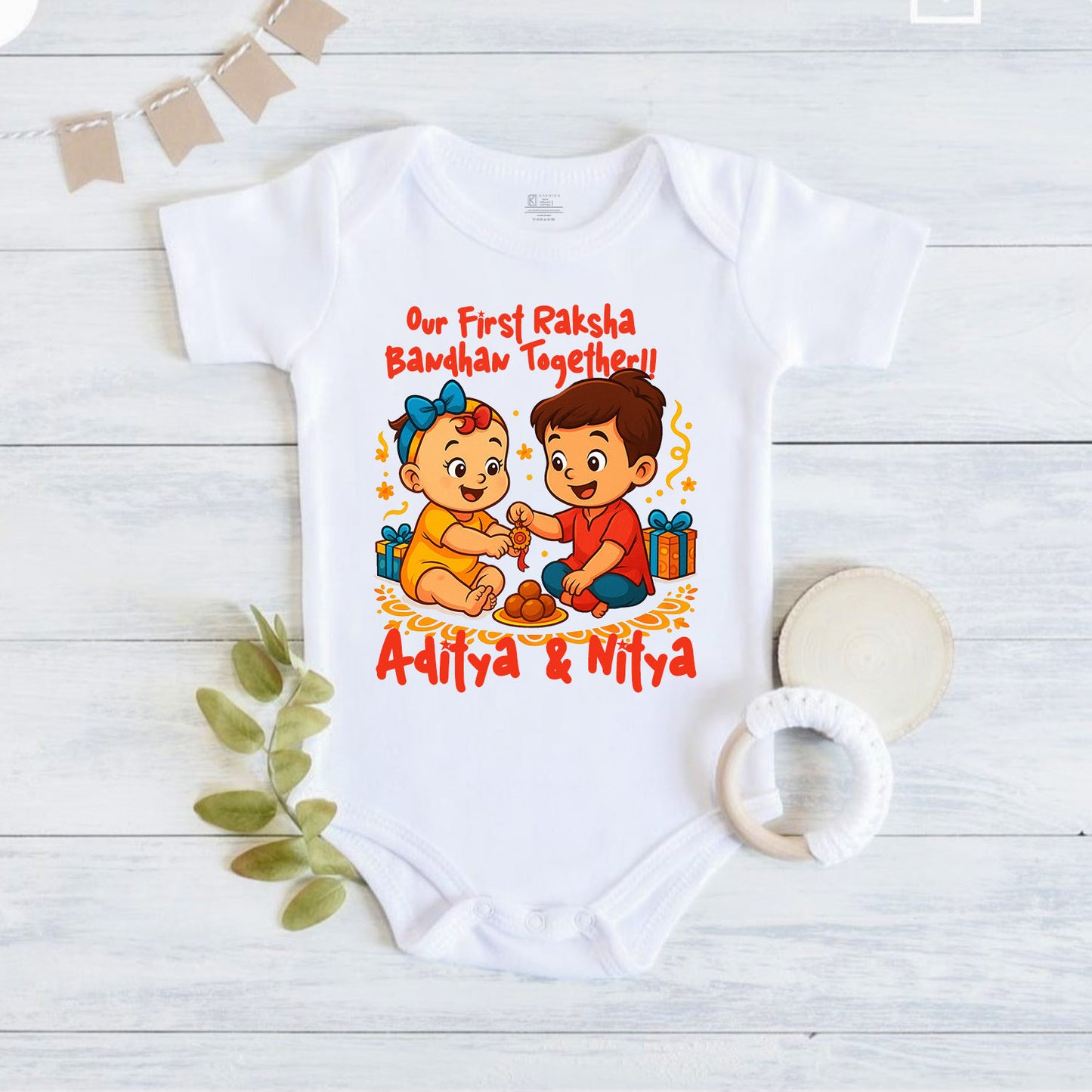 Our First Raksha Bandhan Together with customised baby name_ white romper