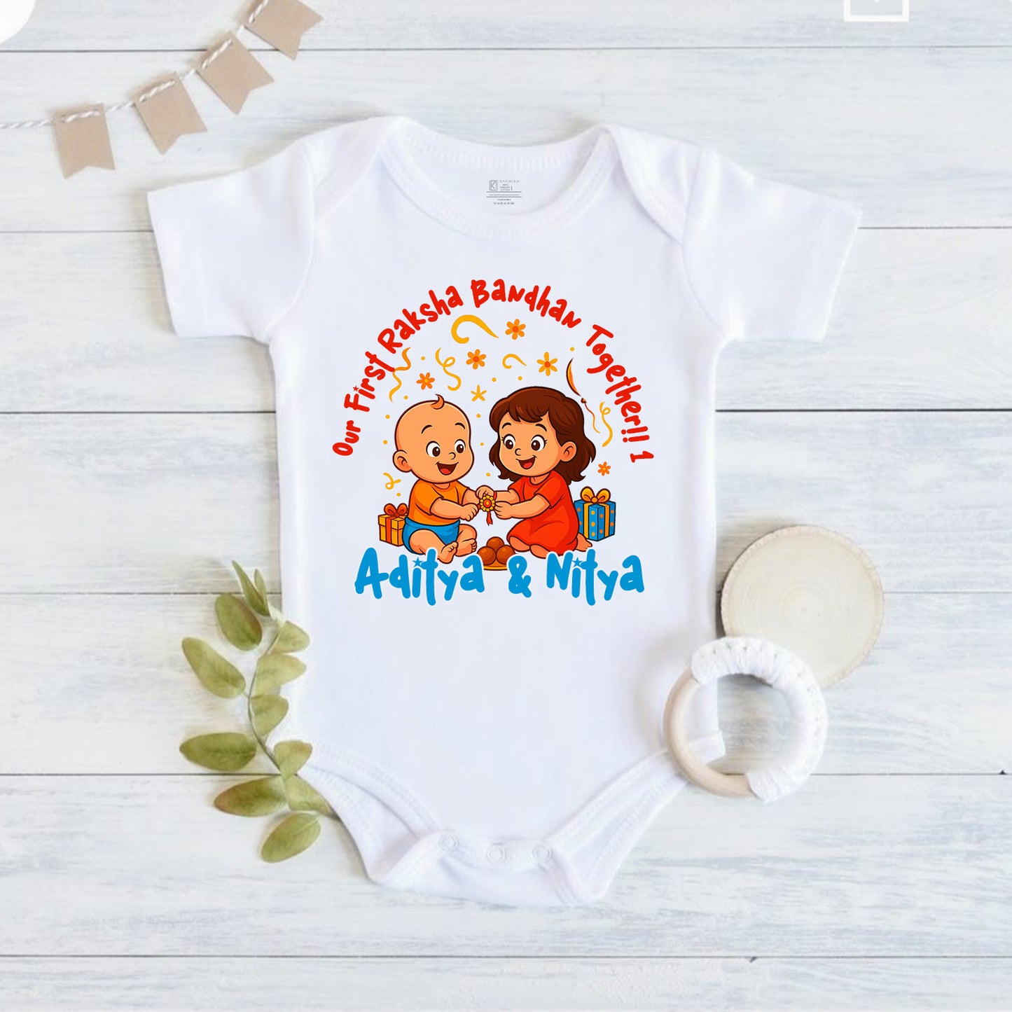 Our First Raksha Bandhan Together with customised baby name_ White romper