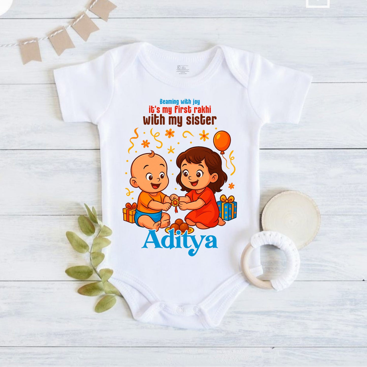 Beaming with joy it's my first rakhi with my sister customised baby name_ White romper