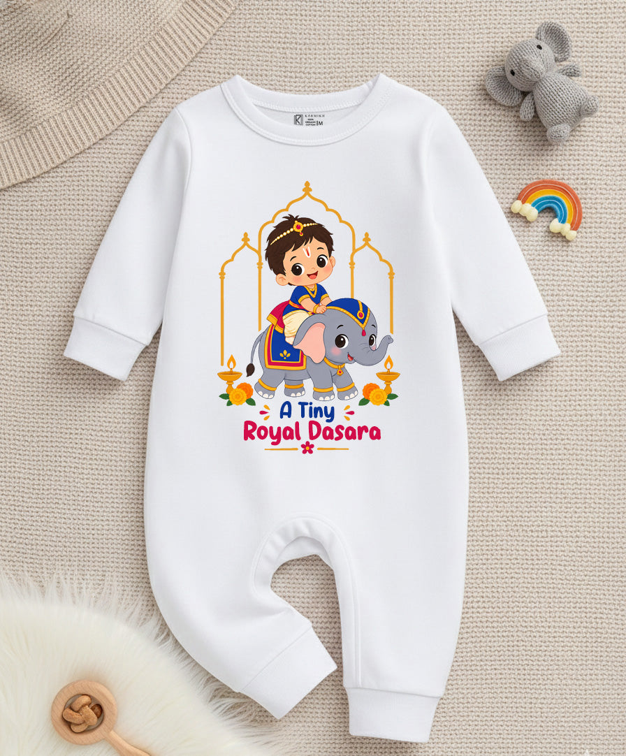 A Tiny Royal Dussehra With Customized Baby Girl Name _ Full White Romper