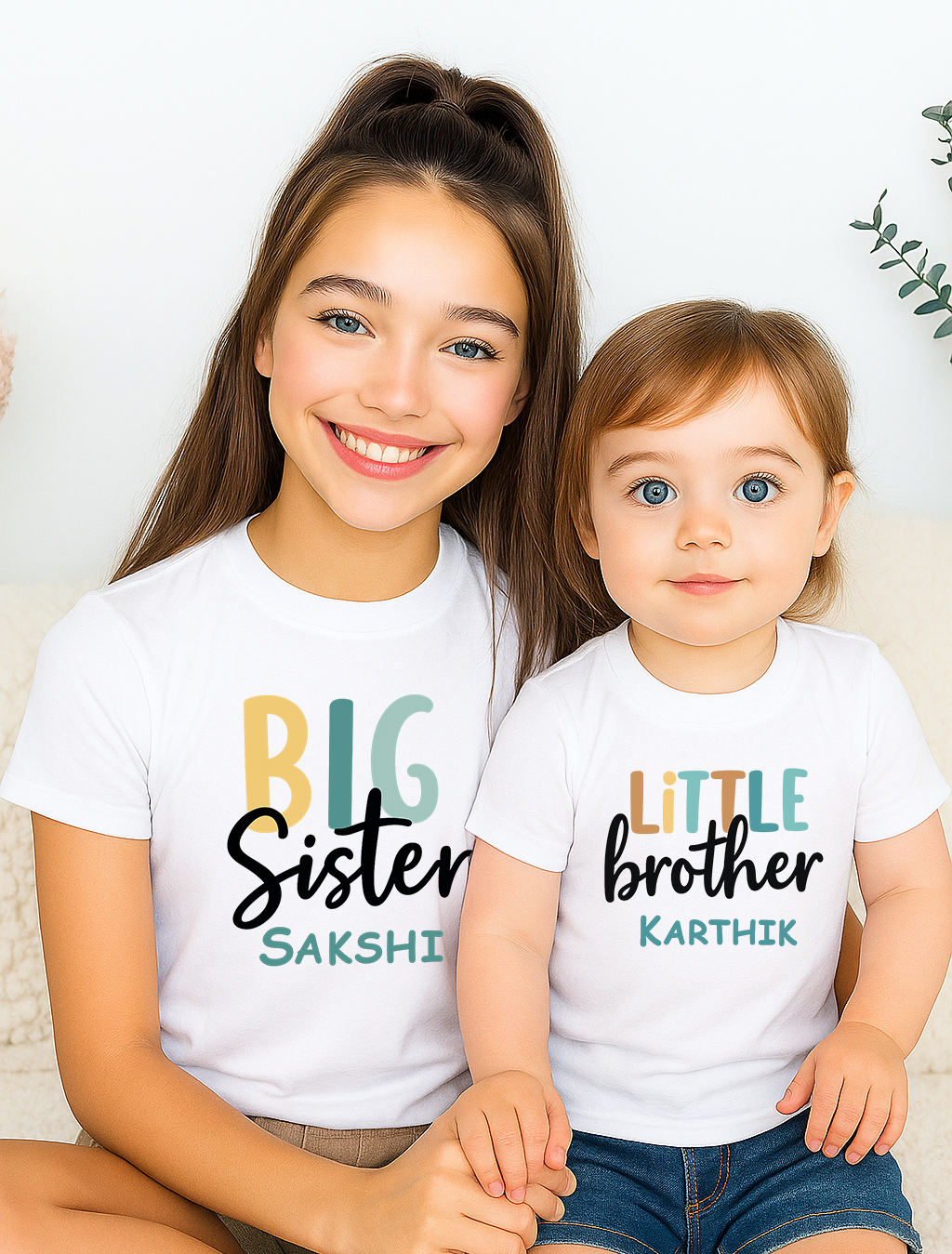 Combo pack of Big Sis, Little Brother with Customised Name_ White Tees