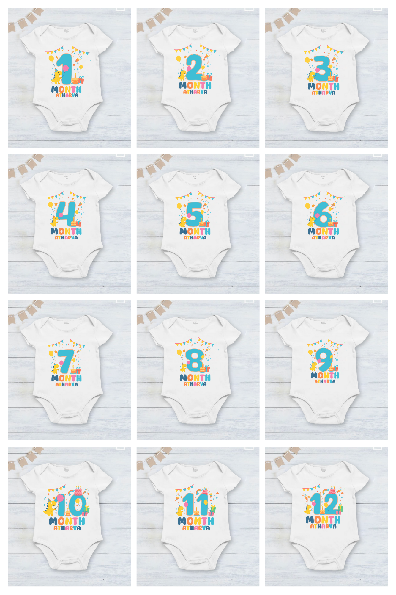 Infant monthly birthday Dinosaur 12 Months of Love_ Customized name White Onesie