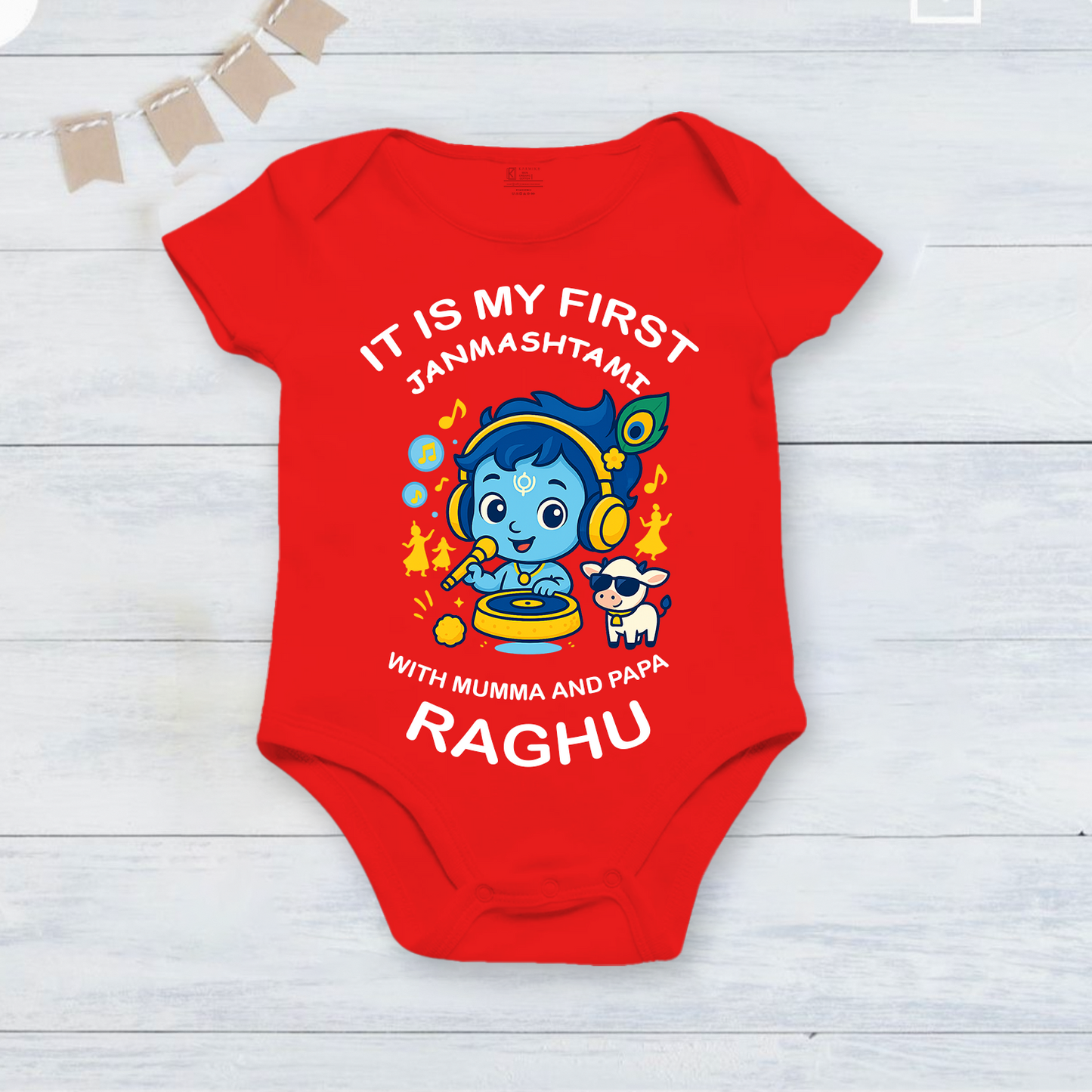 It's My First Janmashtami with Mama & Papa with customised baby name_ Red Onesie