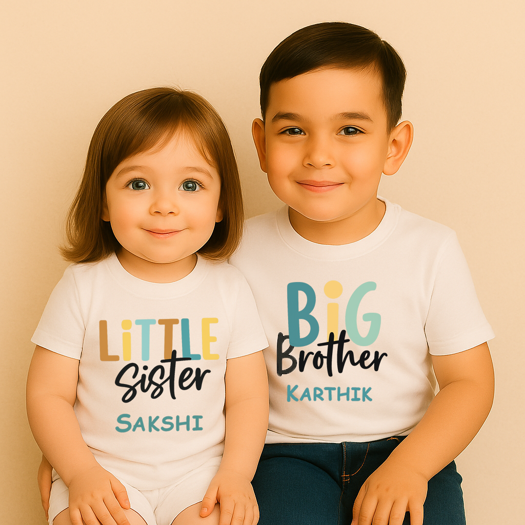 Combo pack of Little Sister, Big Brother with Customised Name_ White Tees