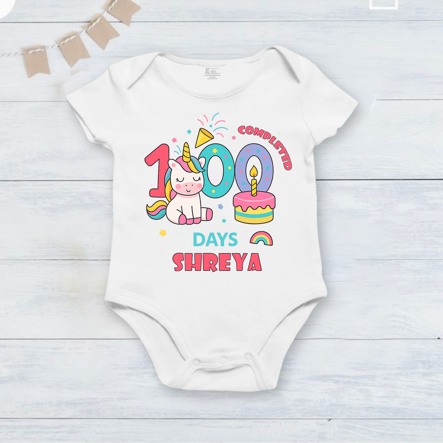 100 Days Completed with customized baby name _ Unicorn White Romper