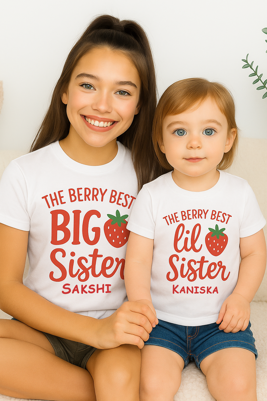 Combo pack of Big Sister, Little Sister with Customised Name _ White Tees