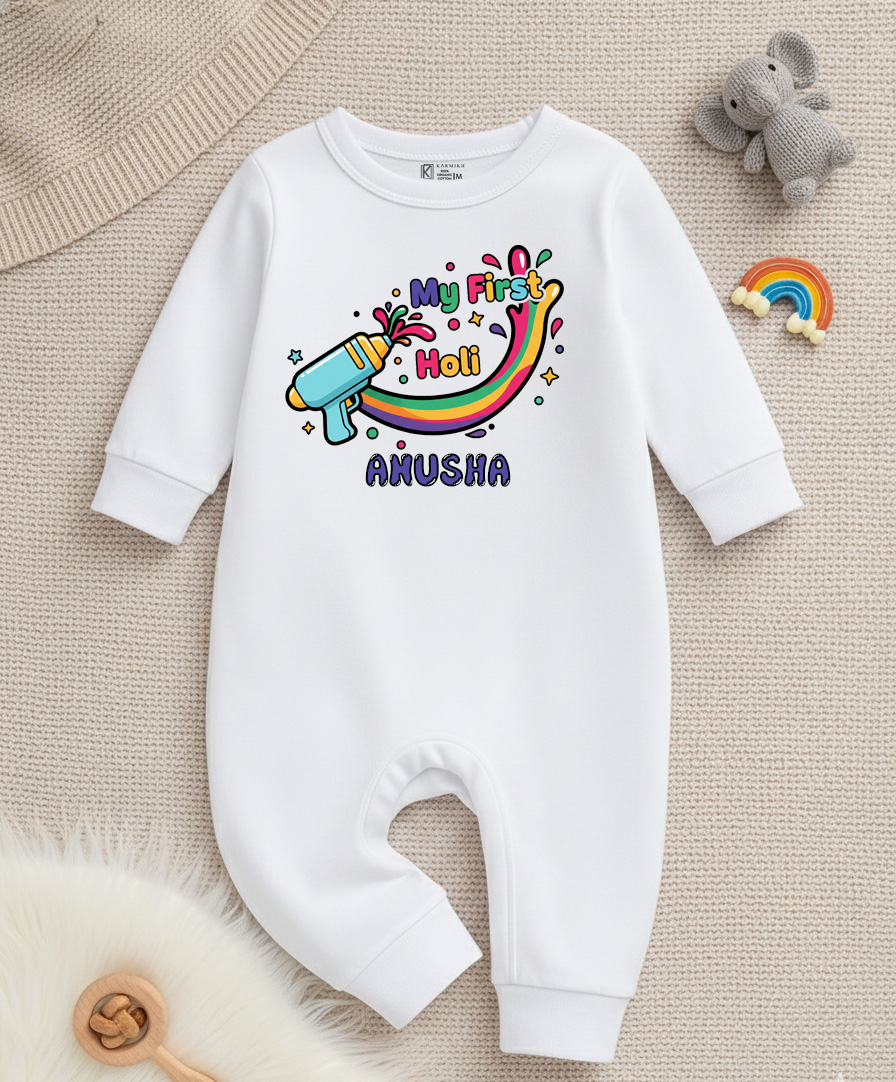 New Born & Baby Clothing | Baby My First Holi Dress with Customized Baby Name | Soft Cotton