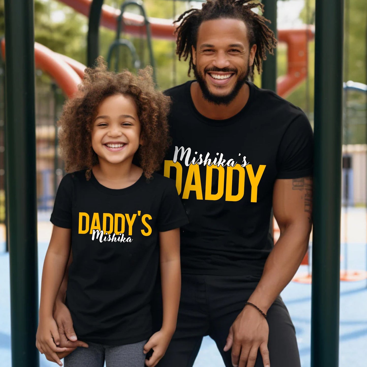 Father-daughter Customized Name Twinning Black T-shirt