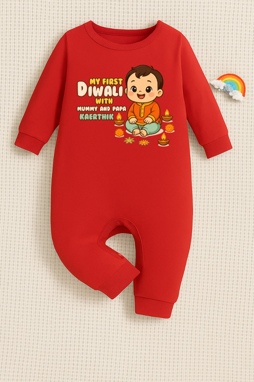 My First Diwali With Mummy And Papa With Customized Baby Name _ Full Red Romper