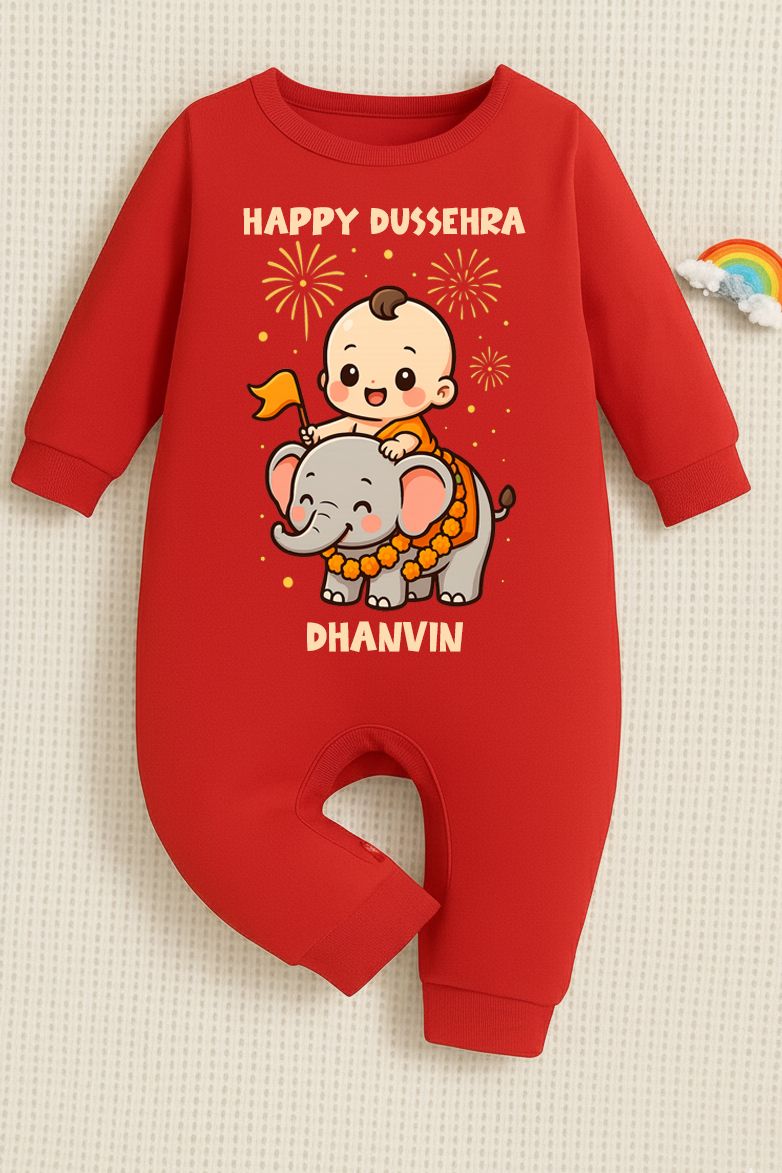 Happy Dussehra With Customized Baby Name _ Full Red Romper