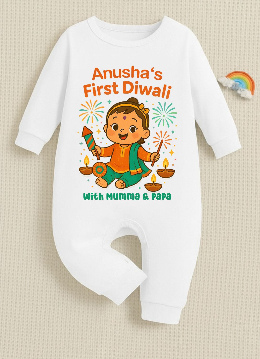 My First Diwali With Mumma & Papa With Customized Baby Girl Name _ Full White Romper
