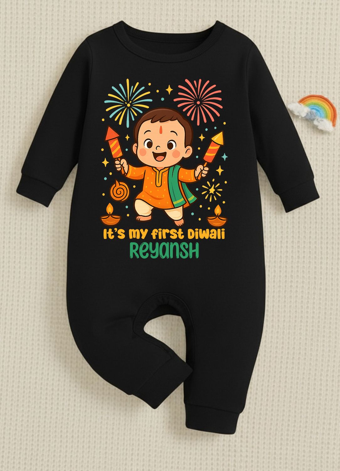 It's My First Diwali With Customized Baby Boy Name _ Full Black Romper