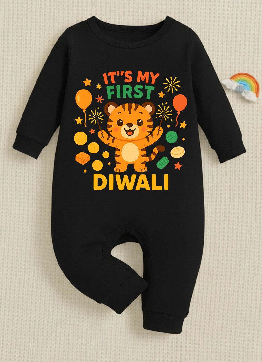 It's My First Diwali With Little Tiger _ Full Black Romper