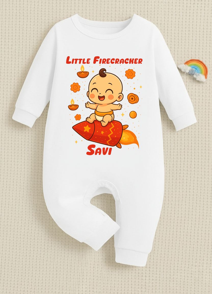 Little Firecracker With Customized Baby Name _ Full White Romper