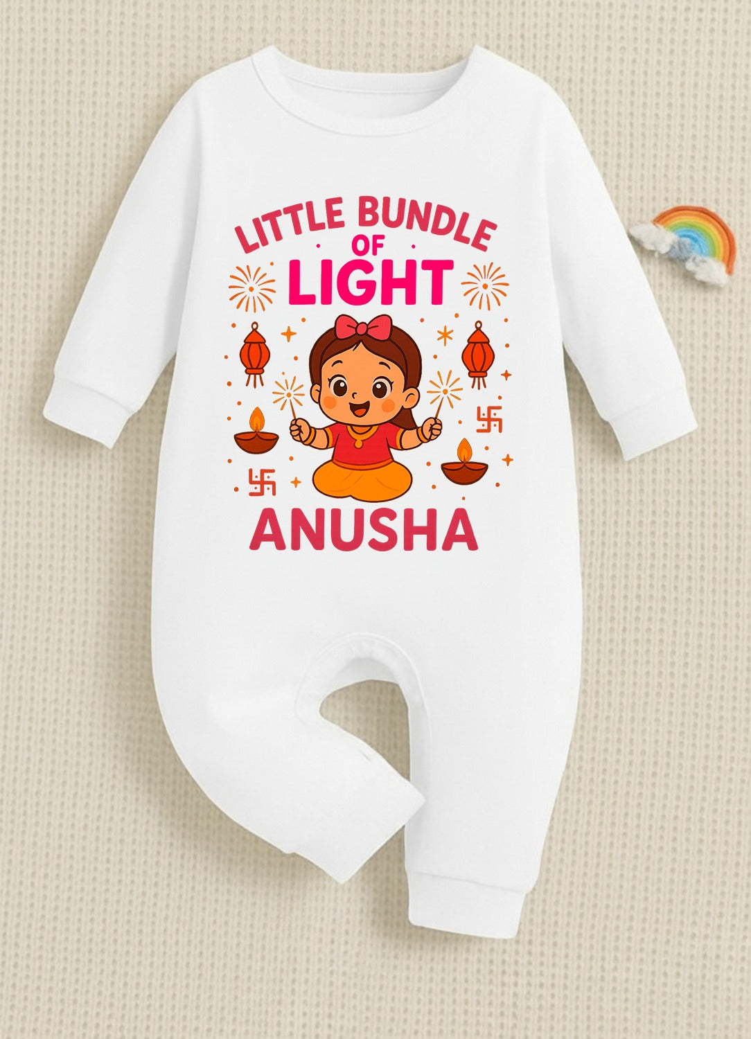 Little Bundle Of Light With Customized Baby Girl Name _ Full White Romper