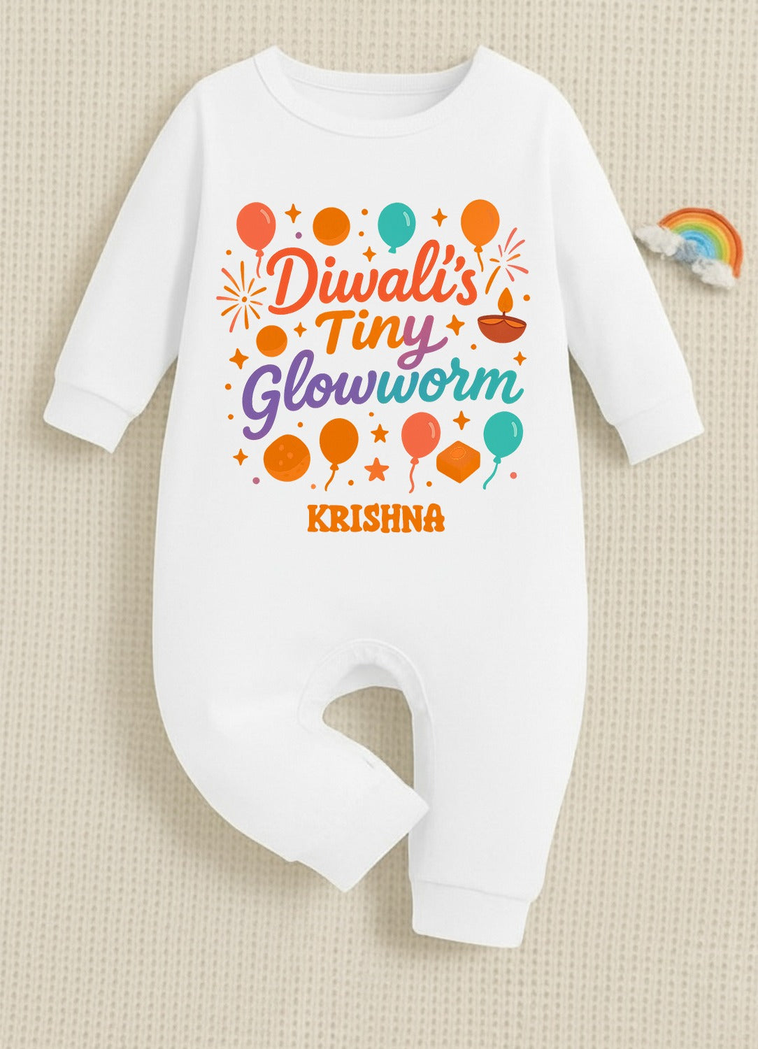 Diwali's Tiny Glowworm With Customized Baby Name _ Full White Romper