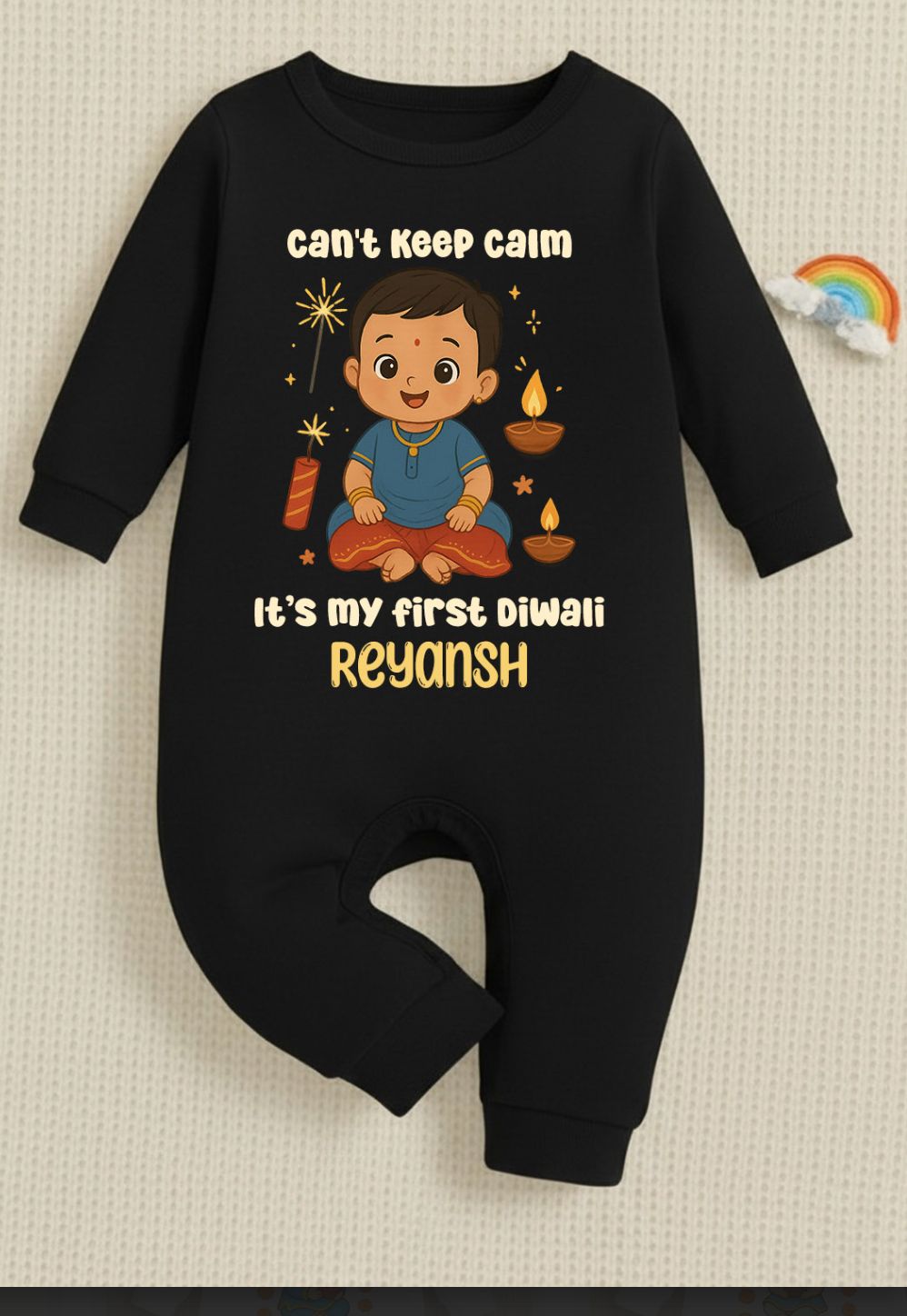 Can't Keep Calm It's My First Diwali With Customized Baby Girl Name _ Full Black Romper