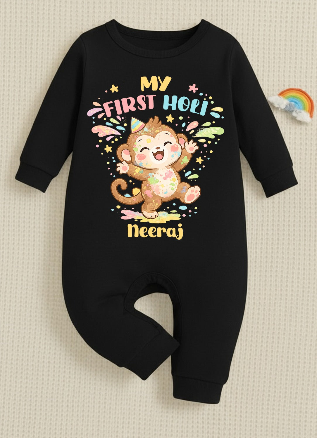 New Born & Baby Clothing | Baby My First Holi With Customized Baby Name | Soft Black Romper
