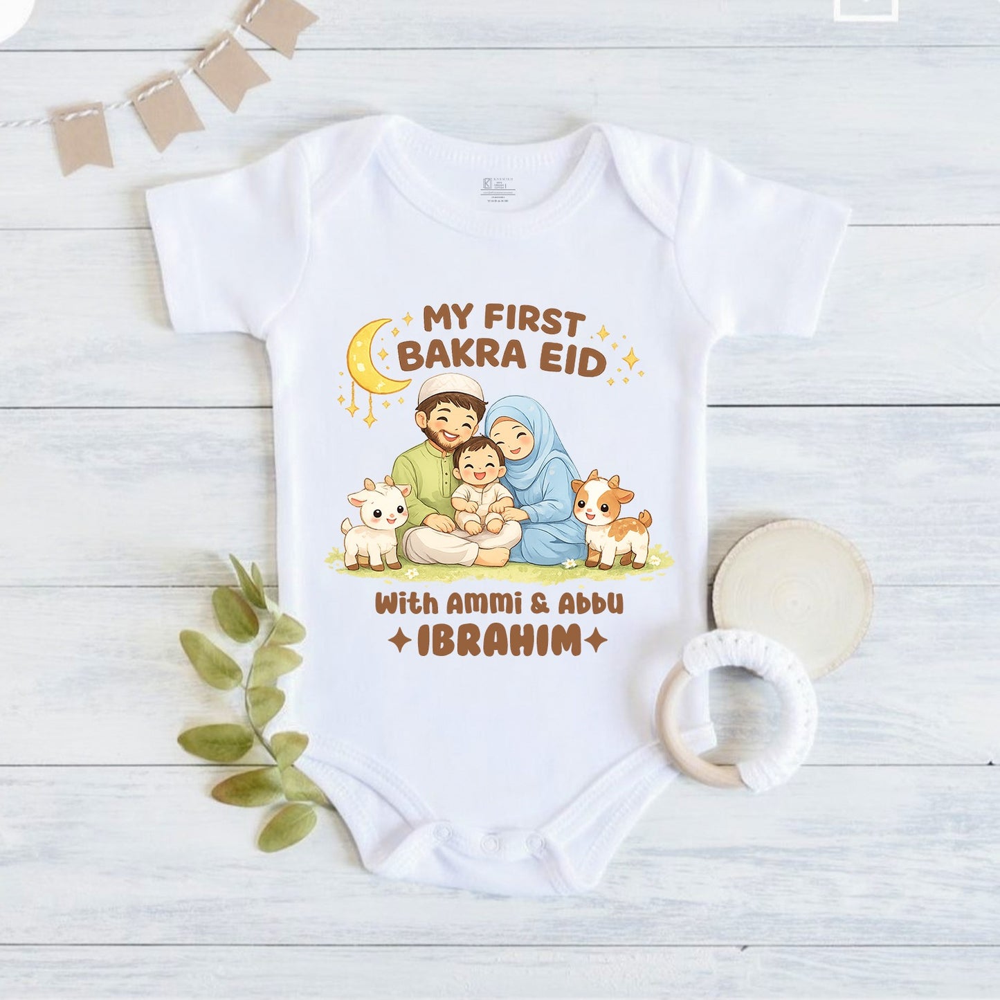 Newborn & Baby Clothing | My First Bakra Eid With Ammi & Abbu White Dress Romper With Personalized Baby Name | Soft Cotton