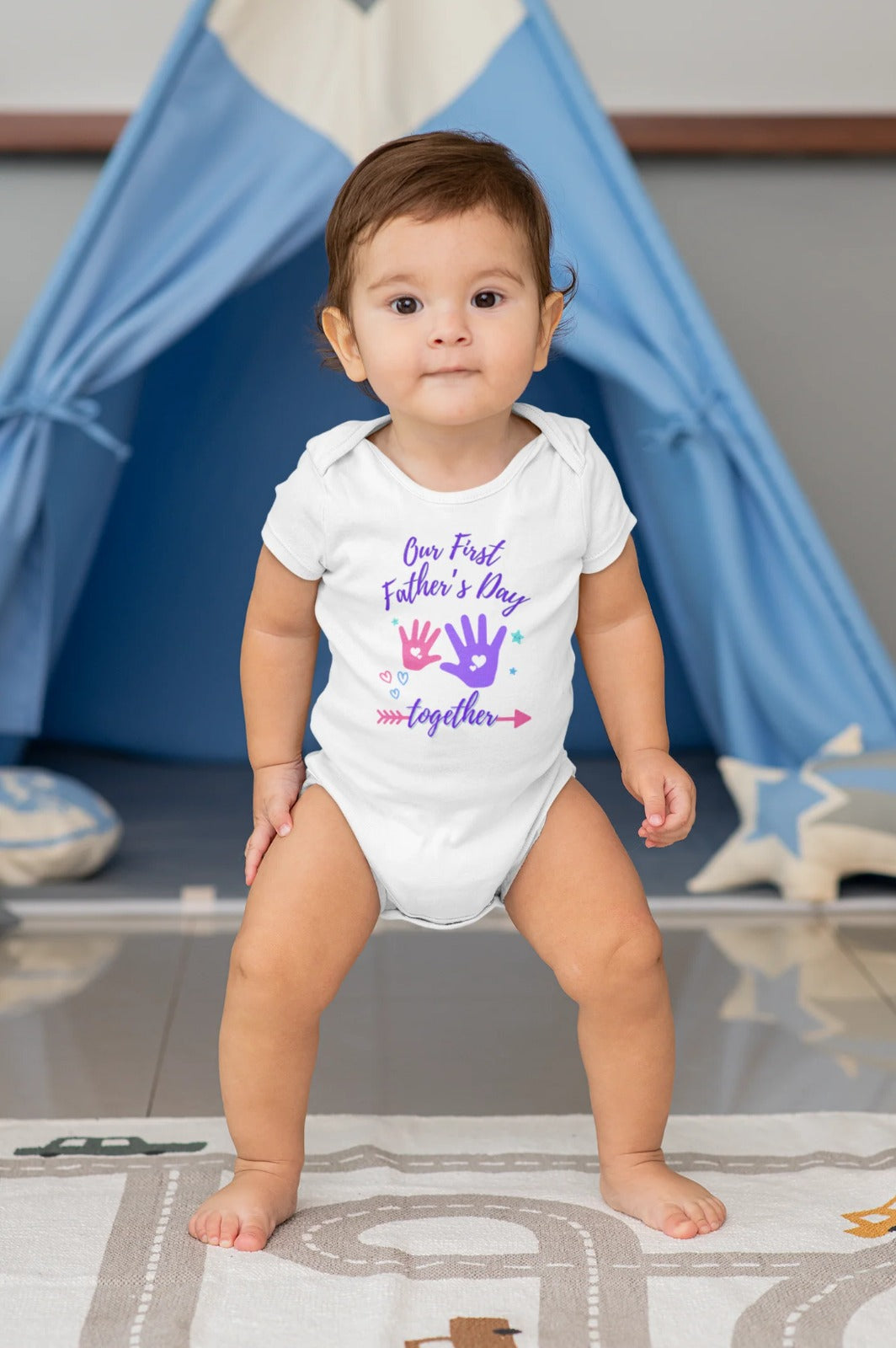 Our First Father's Day Together Handprint baby onesie _white
